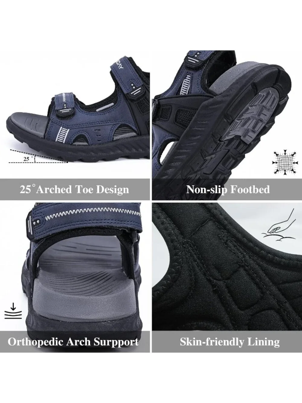 Men's Blue Hiking Sandals With Arch Support Casual Rubber Athletic Shoes